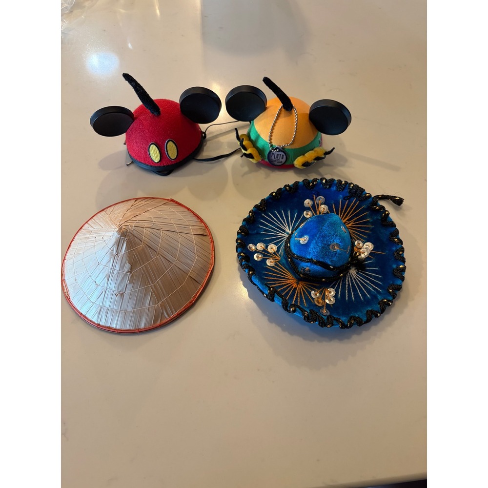 Disney Parks Mini Ear Hat Set Mickey Pluto Sombrero Straw Hat 4pc Collection